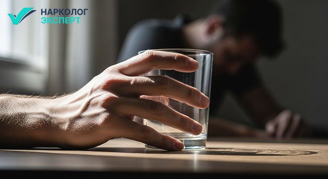 Рука держит стеклянный стакан на фоне пьяного мужчины